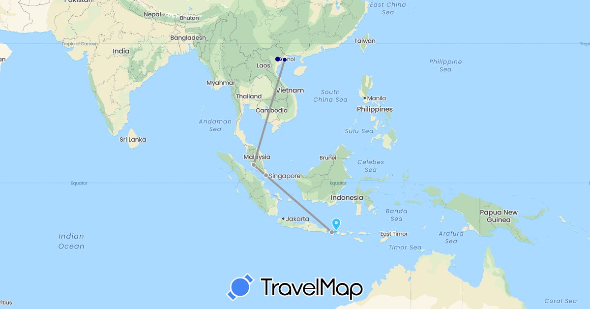 TravelMap itinerary: driving, plane, boat in Indonesia, Malaysia, Singapore, Vietnam (Asia)